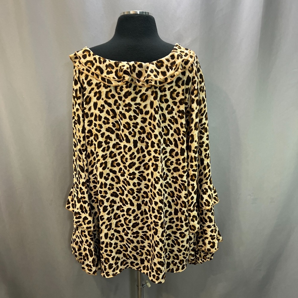 Torrid Ruffle Tie Front Blouse Womens 2 Beige Chiffon Leopard Print Scoop Neck